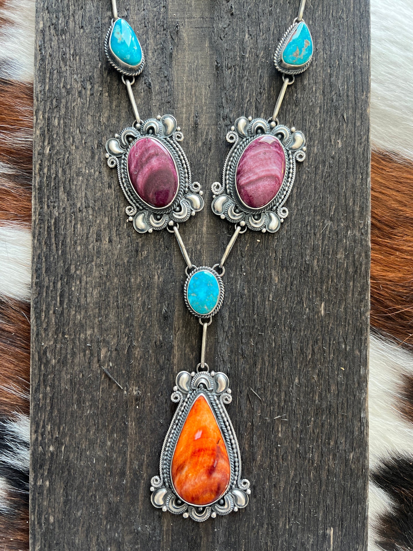 Navajo Sterling Silver, Spiny Oyster and Turquoise Link and Bead Necklace and Earrings Set by Derrick Gordon