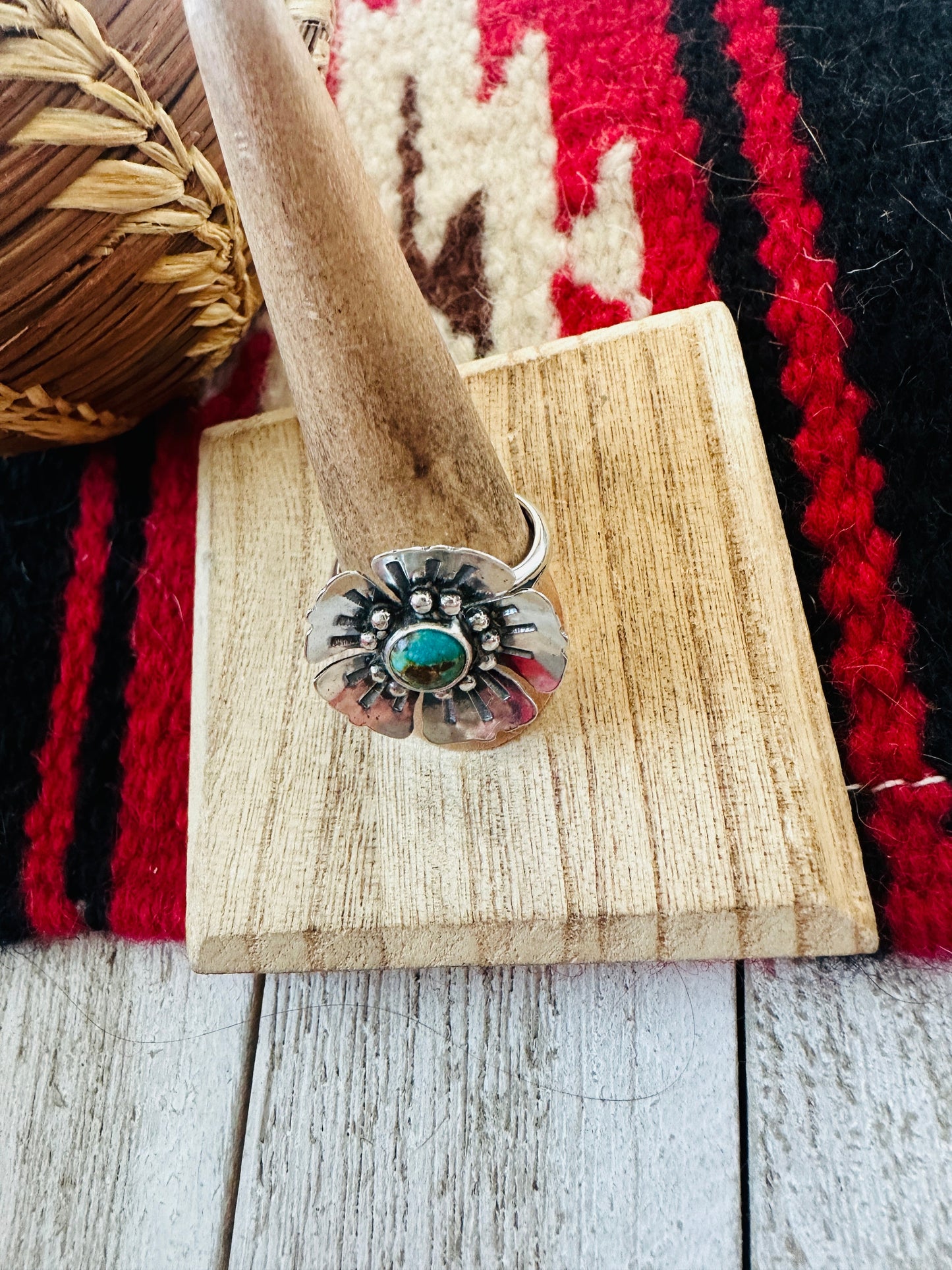 Navajo Sterling Silver & Turquoise Adjustable Flower Ring