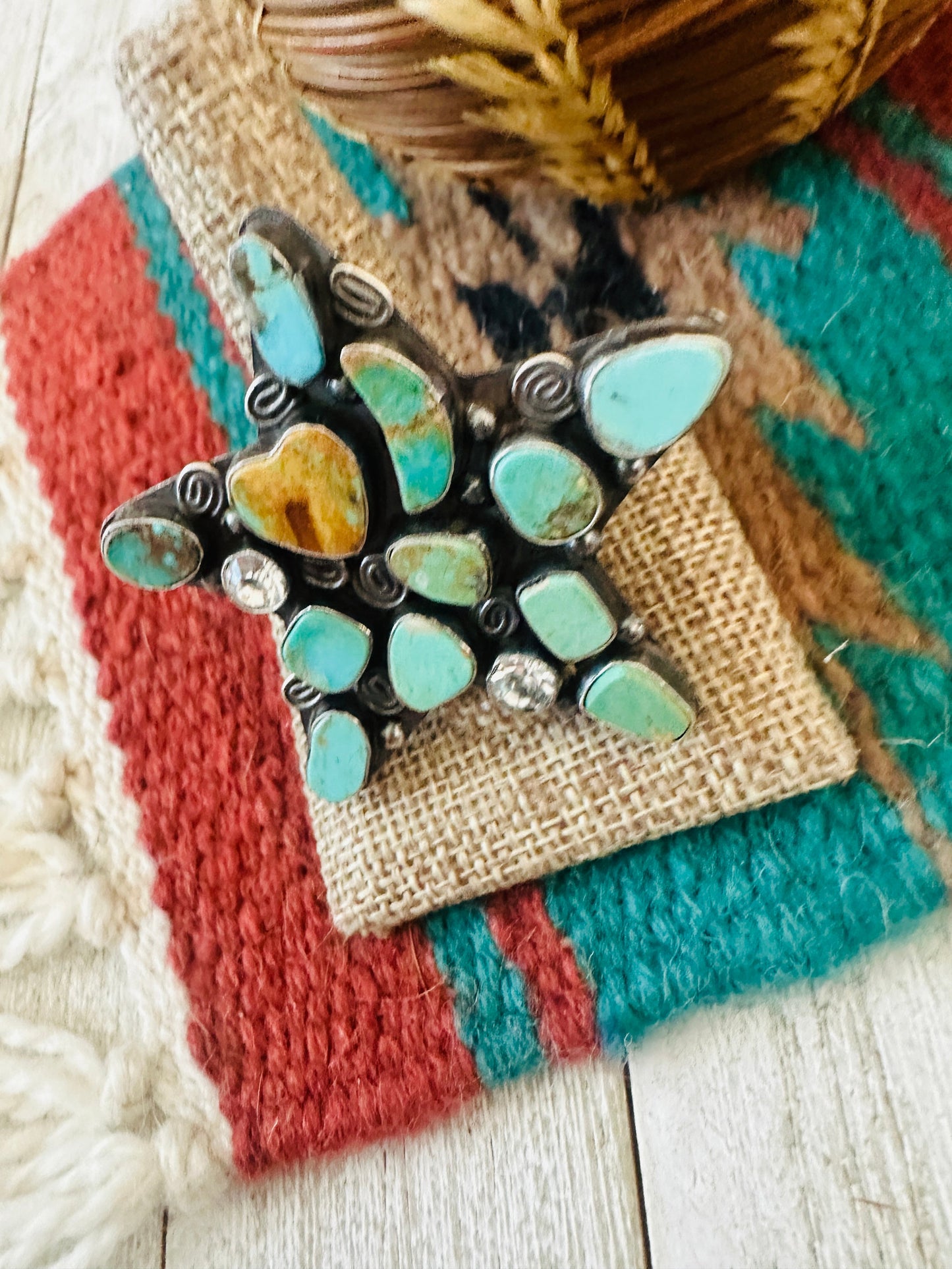 Navajo Royston Turquoise, CZ & Sterling Silver Adjustable Star Ring by Jacqueline Silver