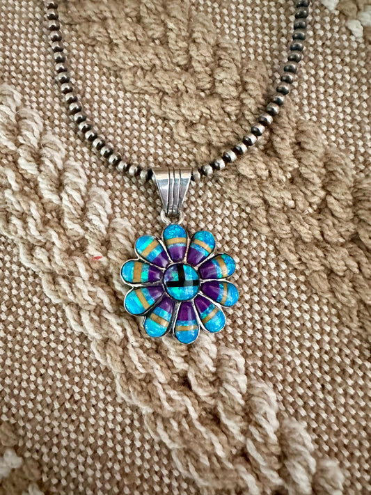 Gorgeous Handmade Sterling Silver & Multi Stone Inlay Sun Face Pendant