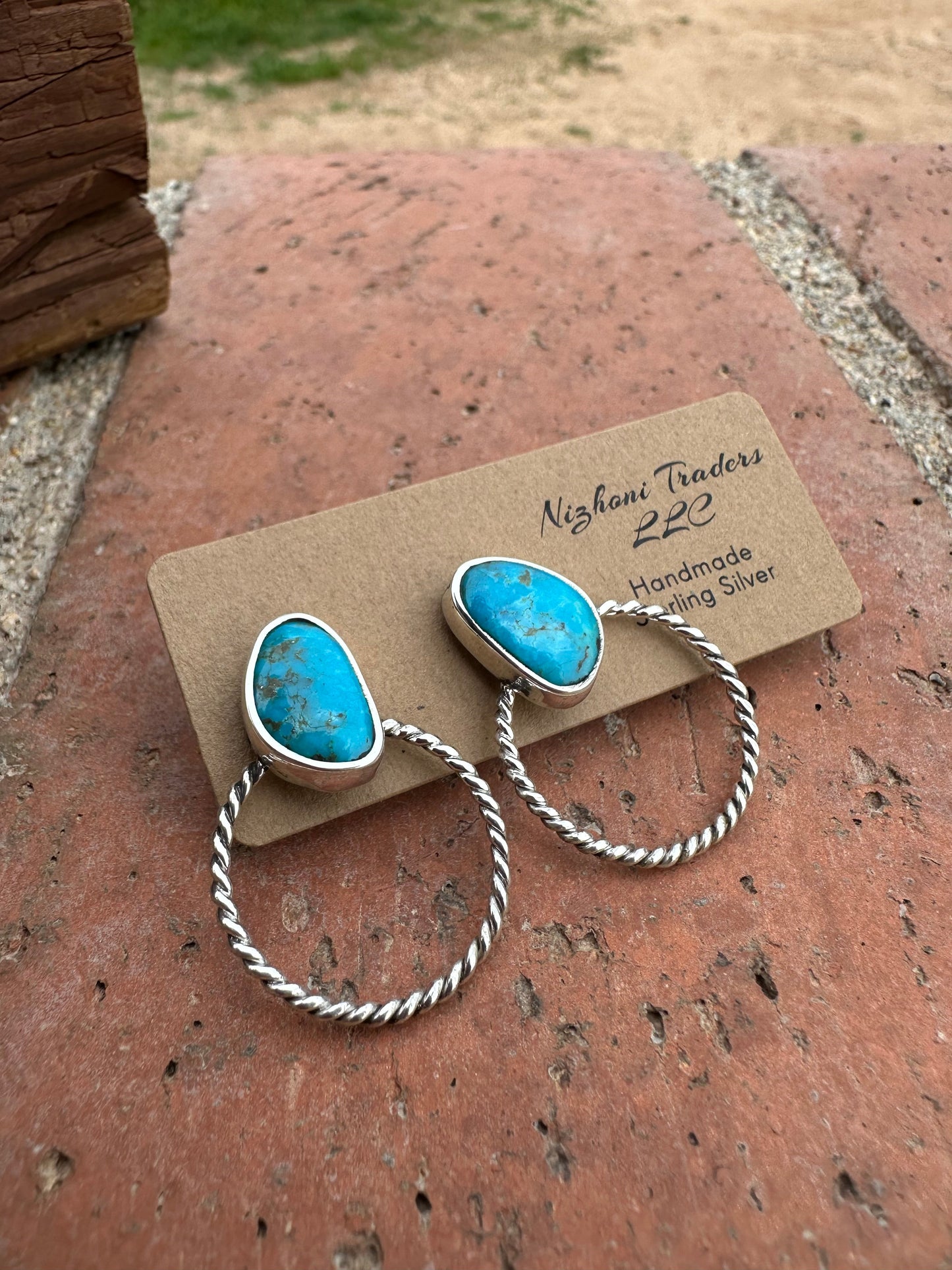 Handmade Kingman Turquoise & Sterling Silver Twisted Hoop Earrings