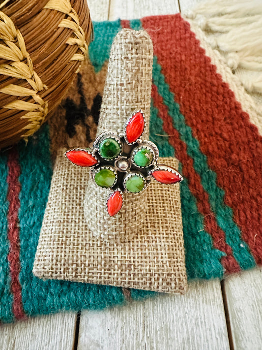 ** Christmas Collection ** Handmade Sterling Silver, Turquoise & Coral Adjustable Ring Signed Nizhoni