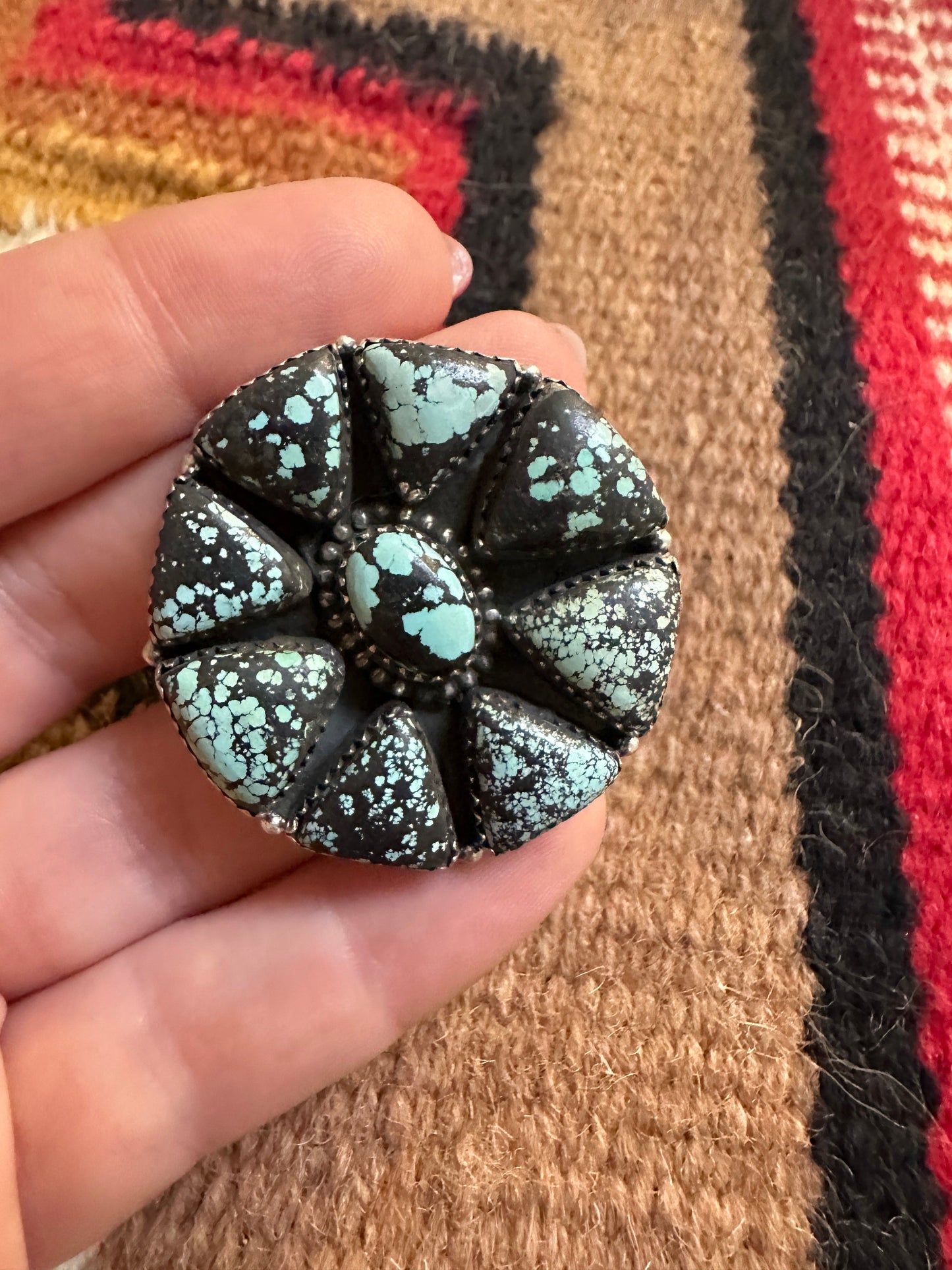 Beautiful Handmade New Lander Turquoise And Sterling Silver Adjustable Statement Round Ring