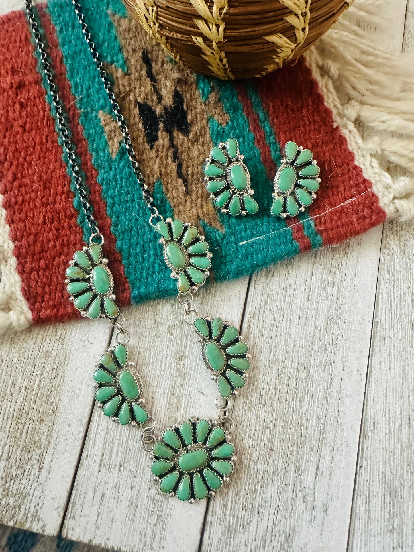 Navajo Sterling Silver & Turquoise Cluster Necklace and Earring Set