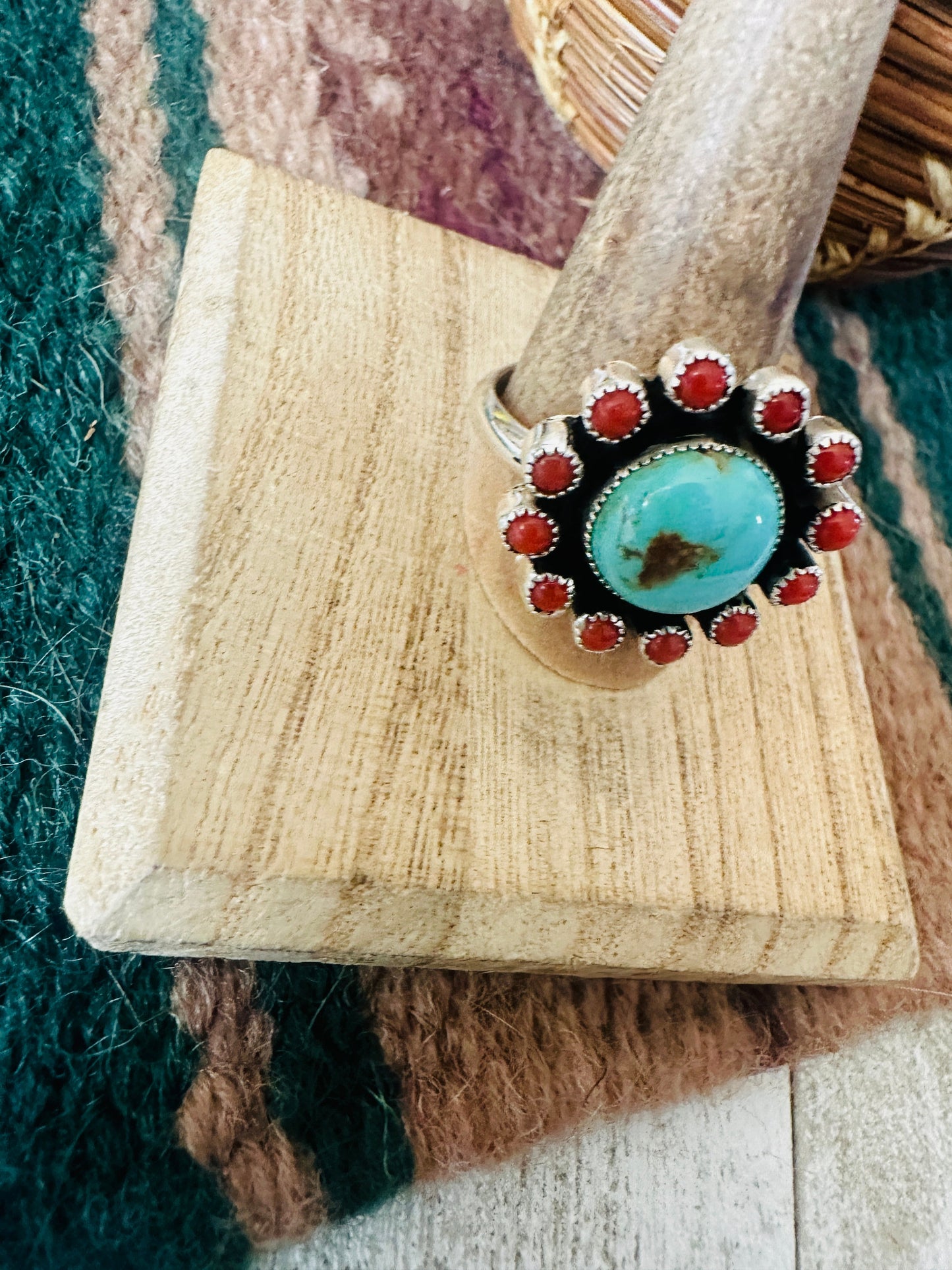 Navajo Sterling Silver, Turquoise & Coral Cluster Adjustable Ring