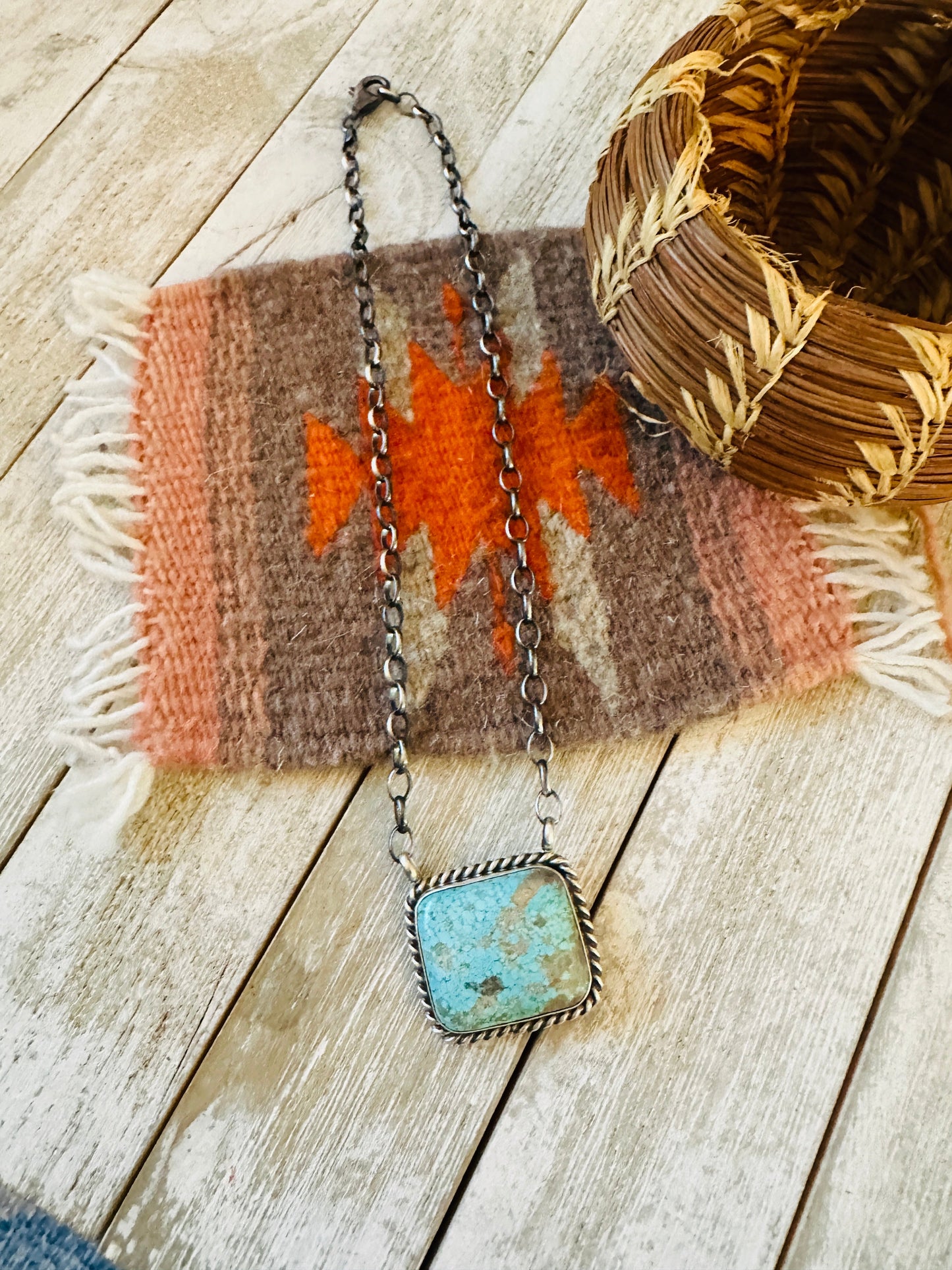 Navajo Sterling Silver & Turquoise Square Necklace by Augustine Largo
