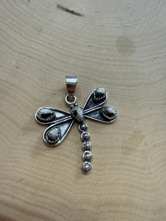 Handmade White Buffalo & Sterling Silver Dragonfly Pendant Signed Nizhoni