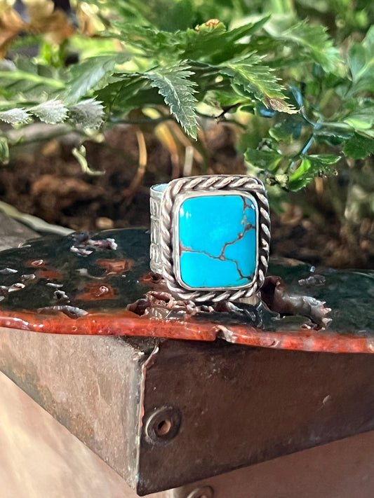 Native Made Hand Stamped Sterling Silver Wide Shank Ring with Egyptian Turquoise by Shaun Rogers, Size 9