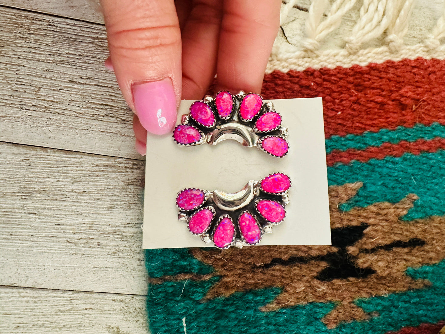 Navajo Pink Opal & Sterling Silver Crescent Cluster Earrings