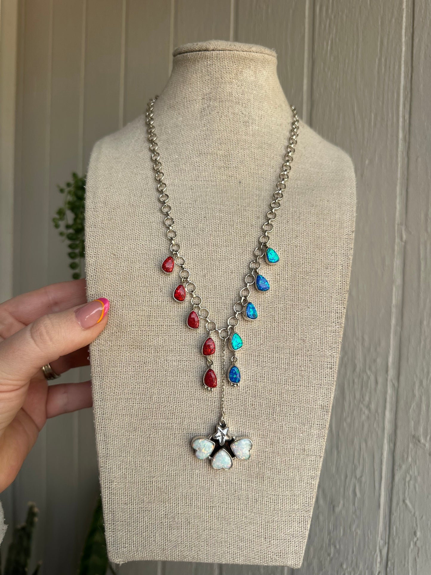 4th Of July Collection Handmade Sterling Silver & Red, White & Blue Fire Opal Drop Necklace