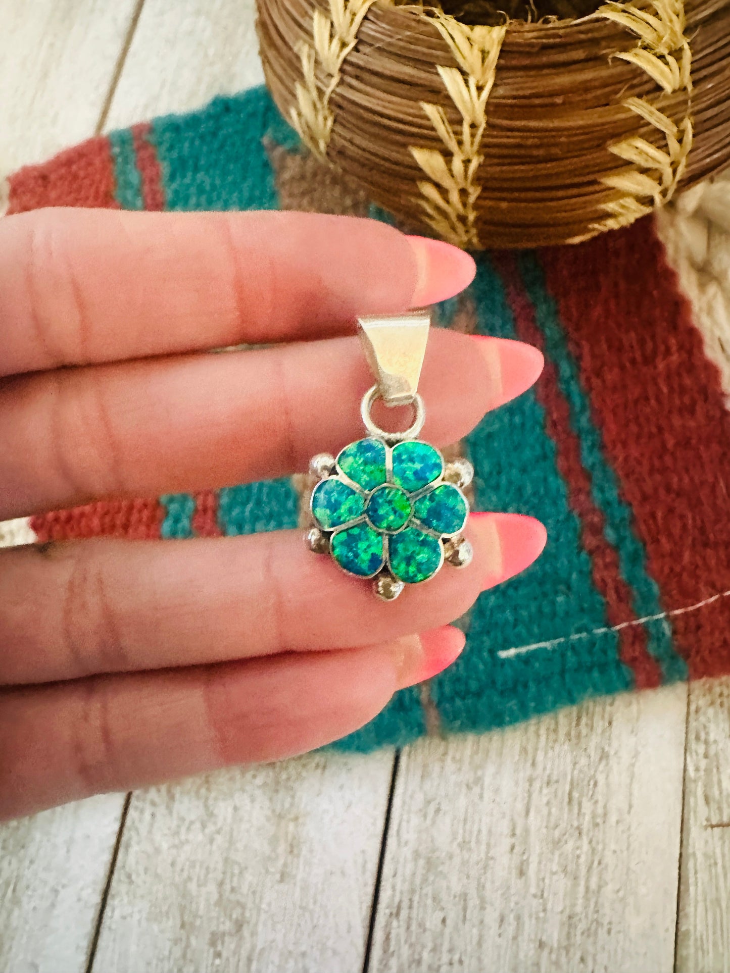 Zuni Blue Opal & Sterling Silver Inlay Flower Pendant