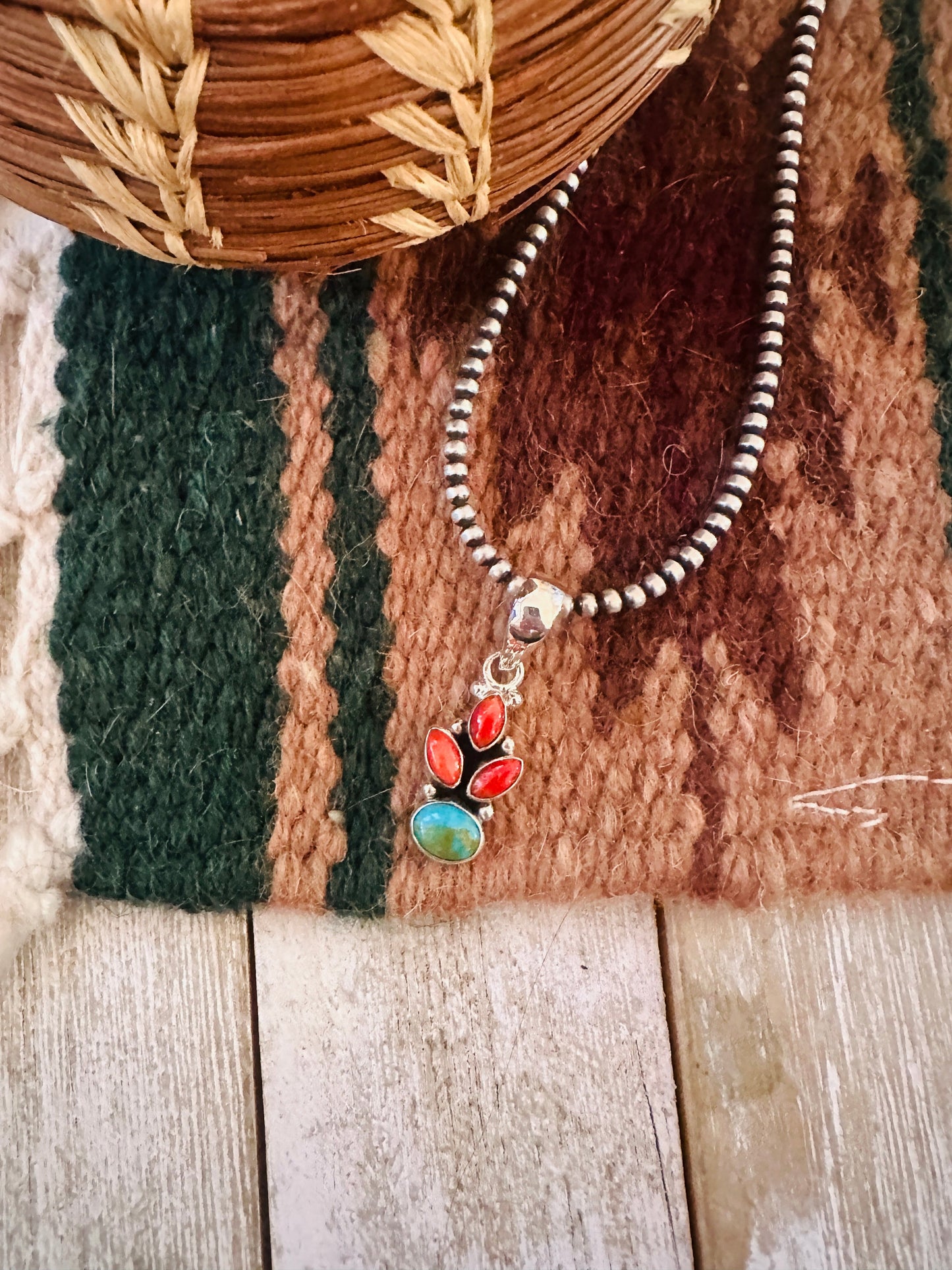 ** Christmas Collection ** Handmade Sterling Silver, Coral & Turquoise Pendant Signed Nizhoni
