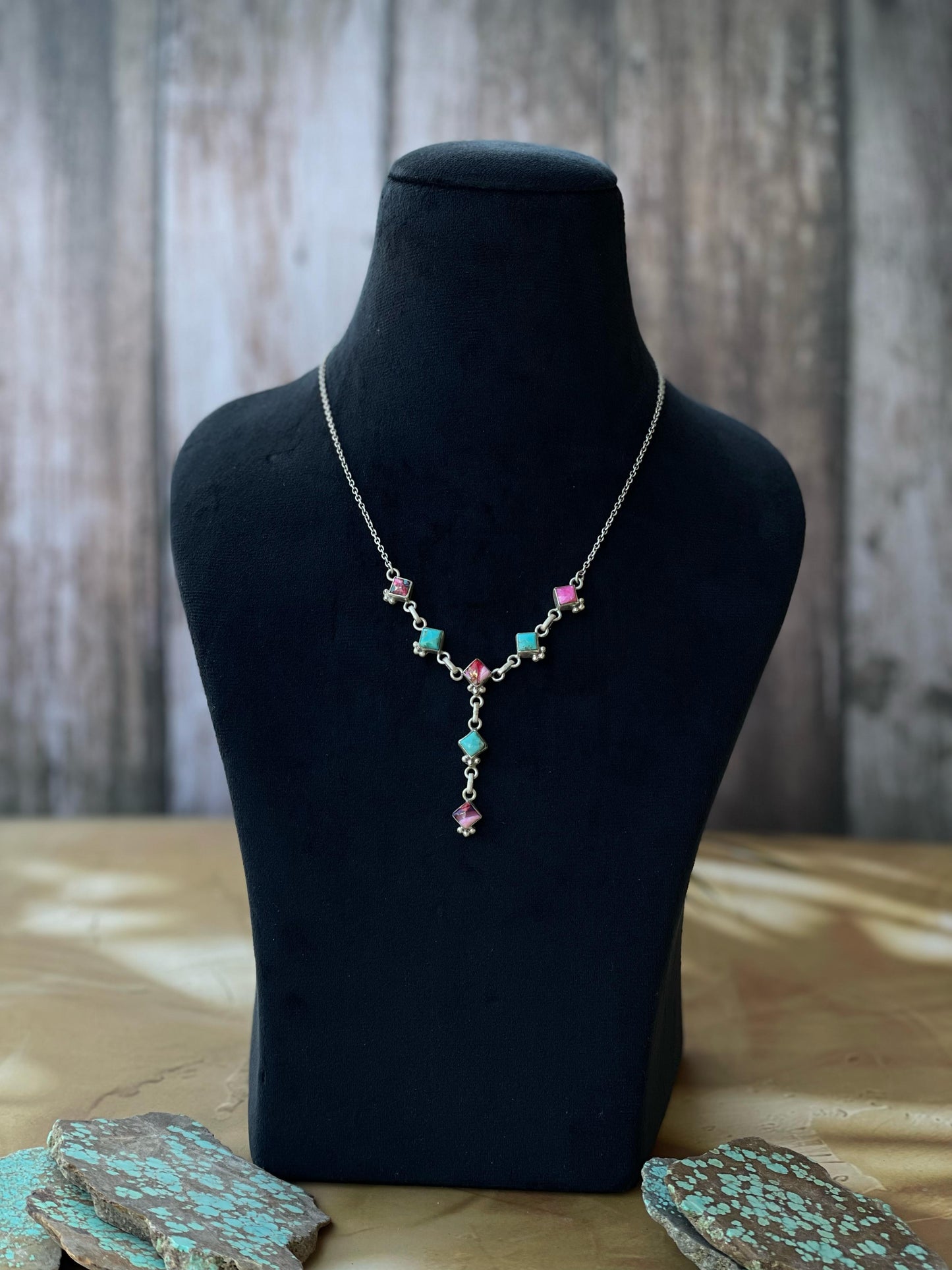 Handmade Sterling Silver, Turquoise & Pink Dream Mojave Drop Necklace