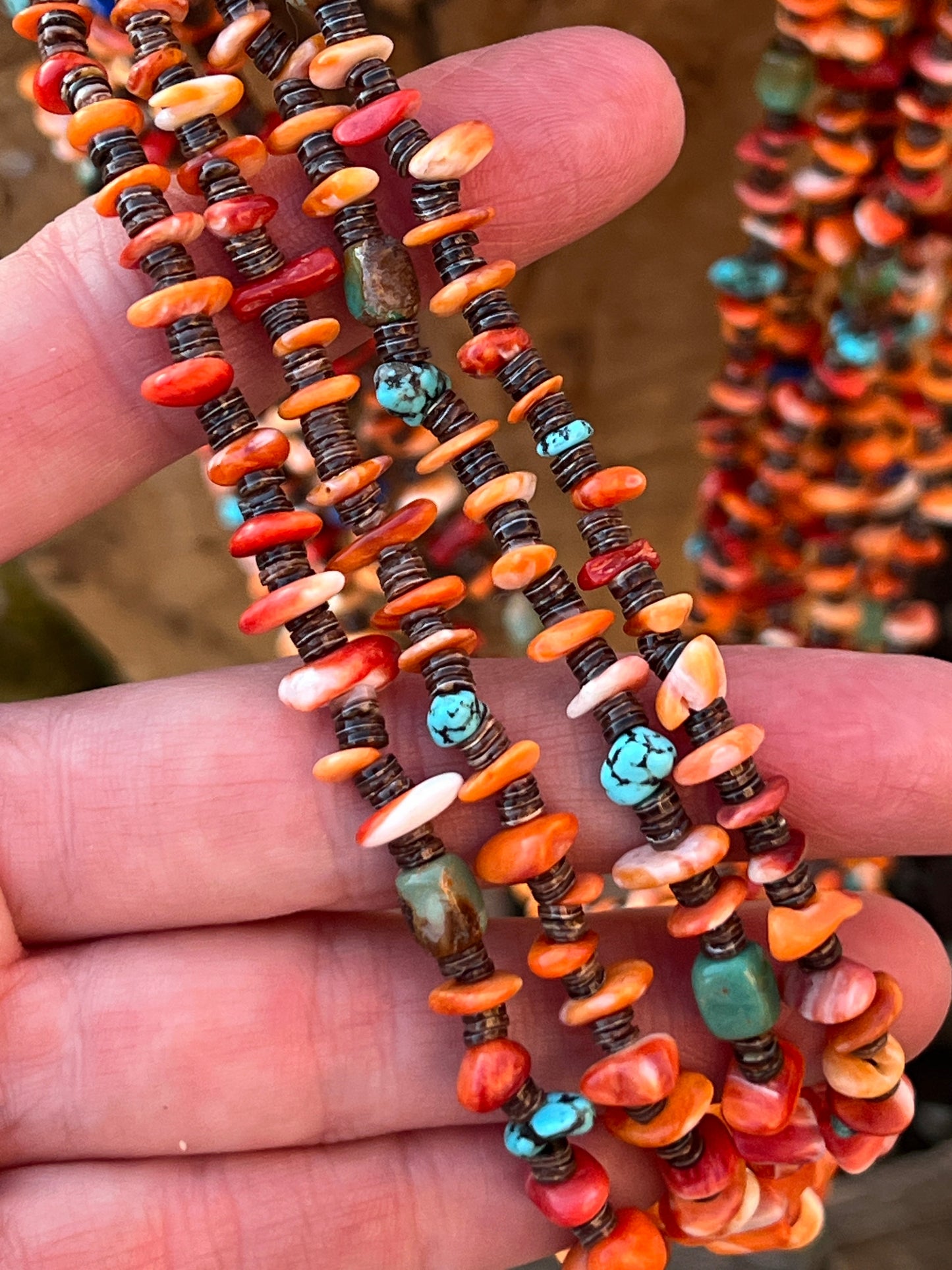 Gorgeous Navajo Made Eight Strand Spiny Oyster and Turquoise Beaded Squaw Wrap Necklace