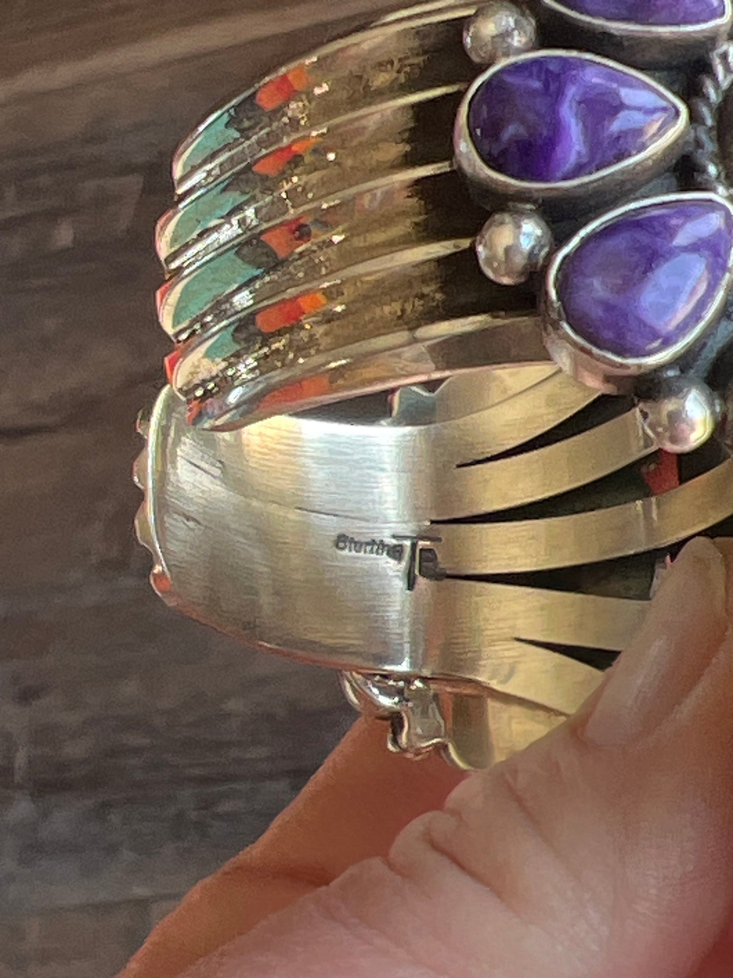 Navajo Sterling Silver, Charoite and Golden Hills Turquoise Cluster Cuff Bracelet by Tyler Brown