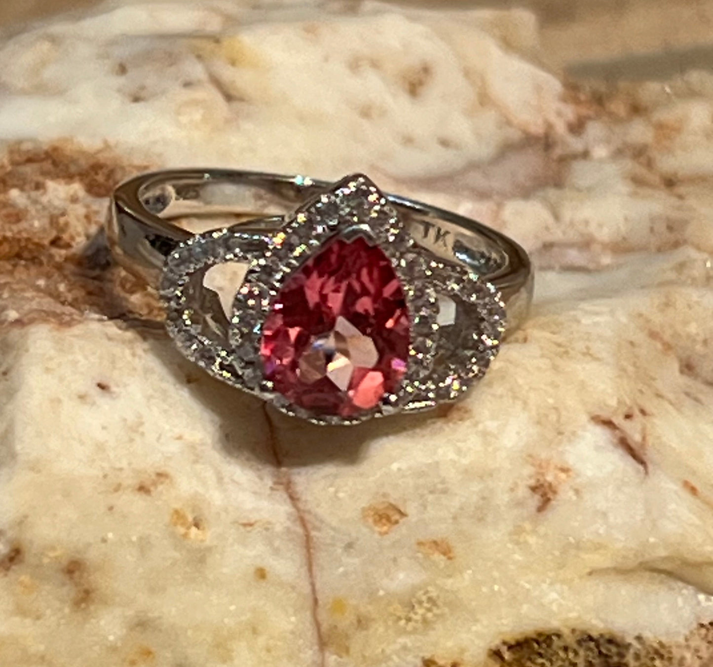 Pink Topaz Tear Drop Shape Sterling Silver Ring