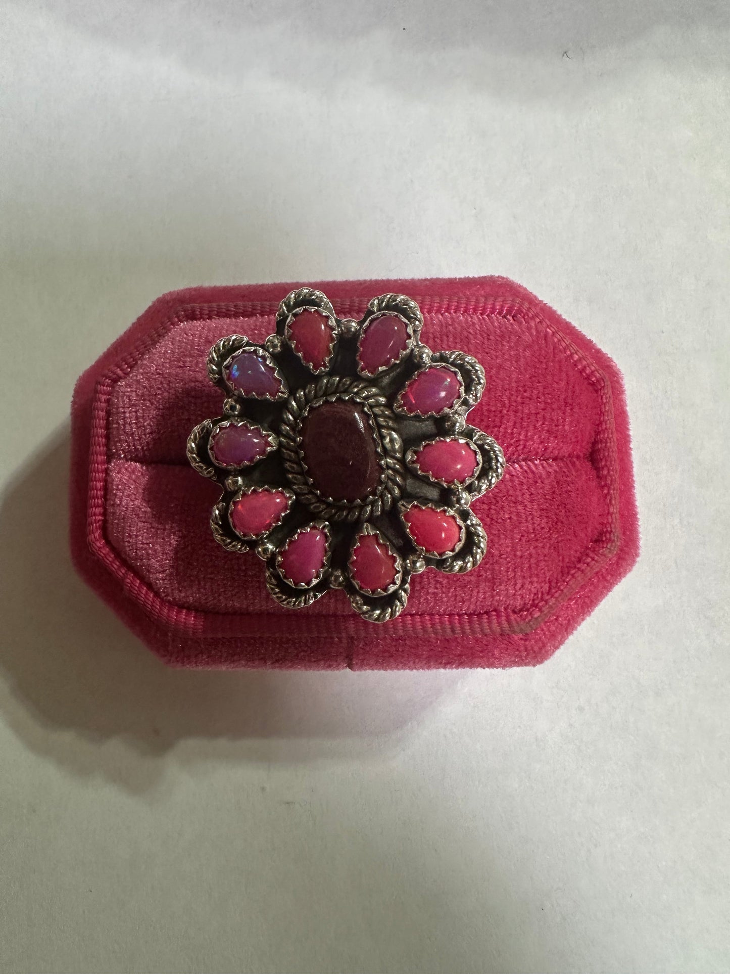 Handmade Purple Spiny, Pink Opal And Sterling Silver Adjustable Ring