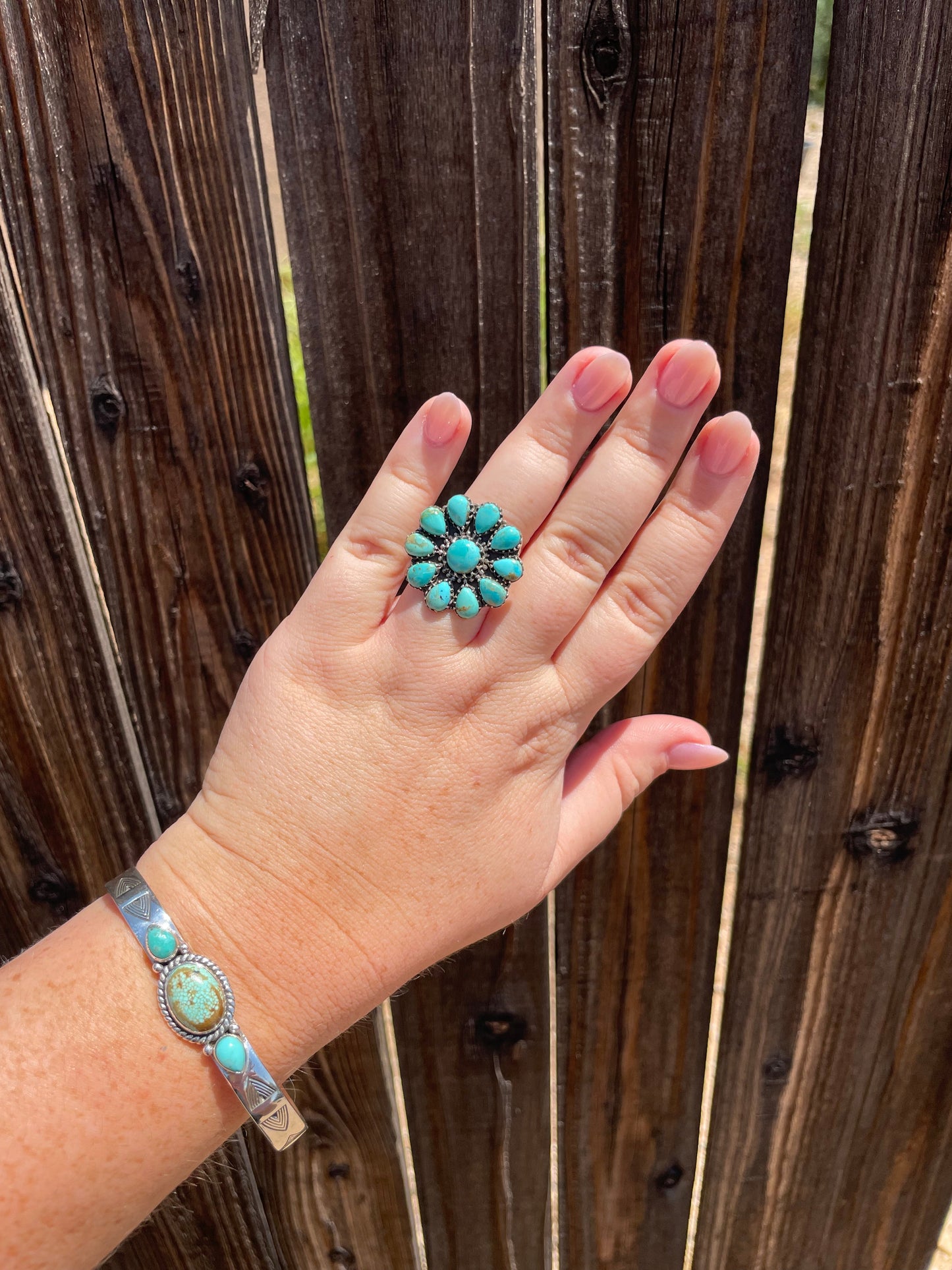 Nizhoni Handmade Sterling Silver & Number 8 Turquoise 3 Stone Adjustable Cuff Bracelet