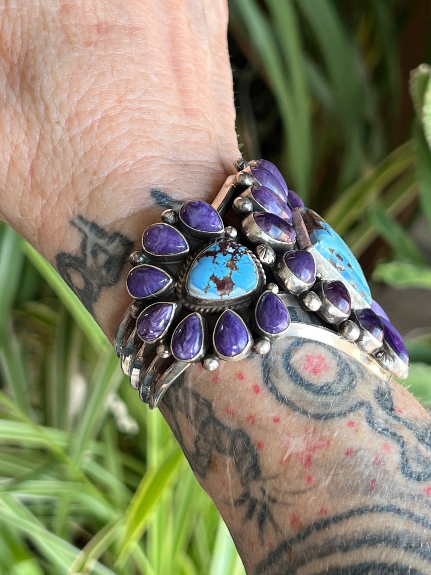 Navajo Sterling Silver, Charoite and Golden Hills Turquoise Cluster Cuff Bracelet by Tyler Brown