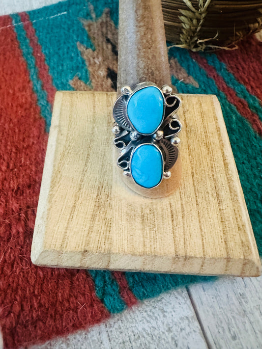 Navajo Turquoise & Sterling Silver Two Stone Ring Size 8.5