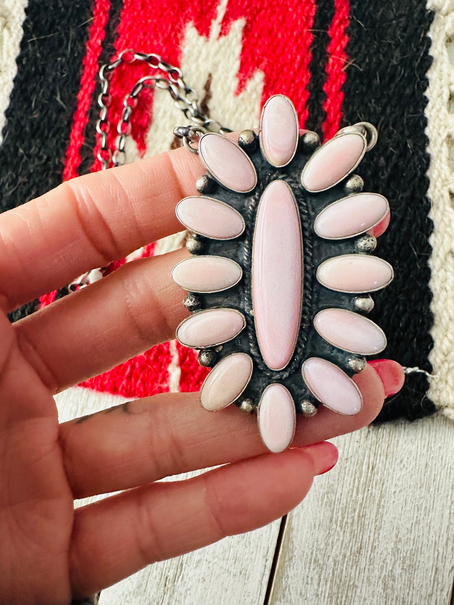 Navajo Sterling Silver & Queen Pink Conch Cluster Necklace