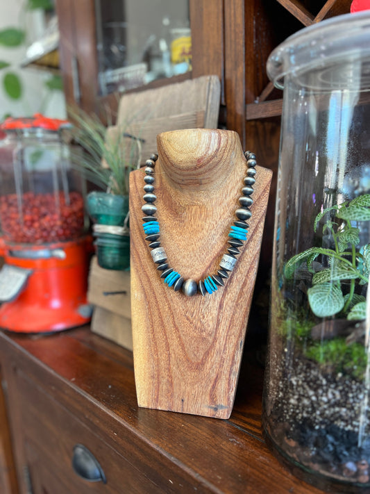 Navajo Sterling Silver and Kingman Turquoise Handmade Beaded Necklace by Rose Martin, 18 Inches