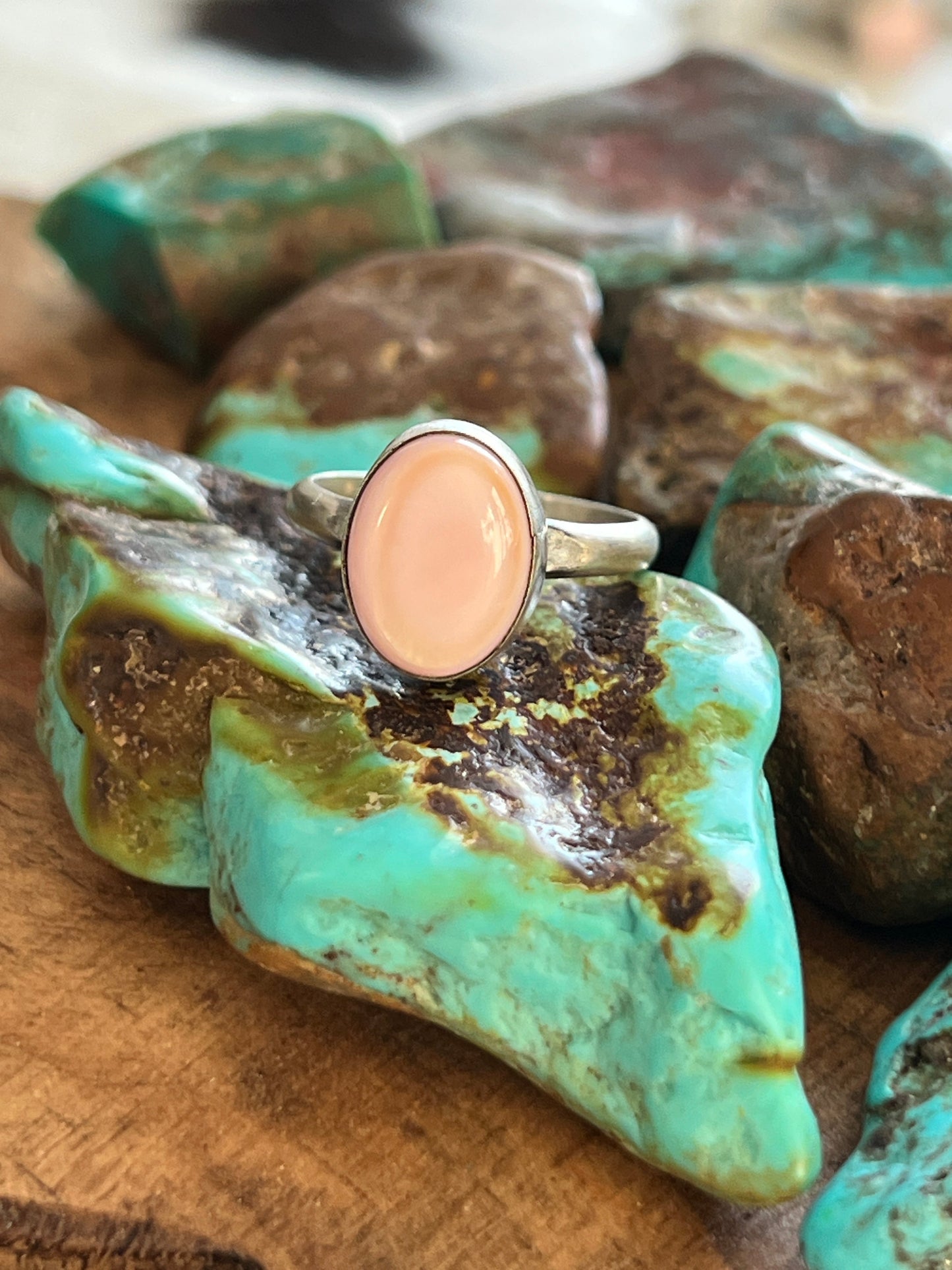 Navajo Made Sterling Silver and Oval Pink Conch Stacker Ring, Single Shank
