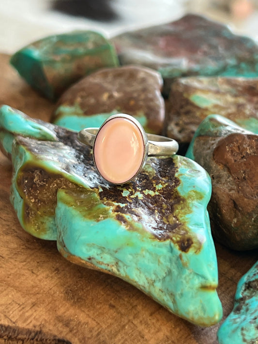 Navajo Made Sterling Silver and Oval Pink Conch Stacker Ring, Single Shank