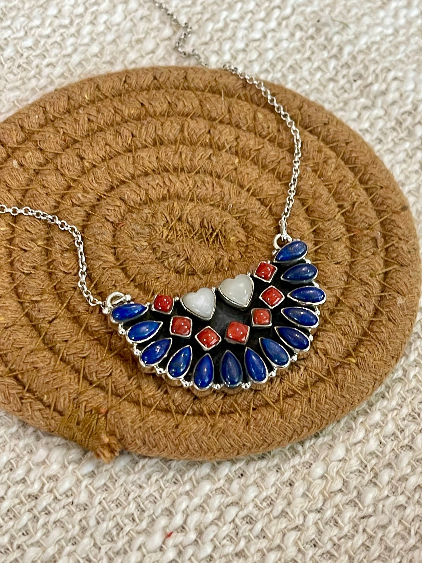 ** 4TH OF JULY ** Handmade Sterling Silver Synthetic Opal, Lapis & Coral Necklace with Signed Nizhoni