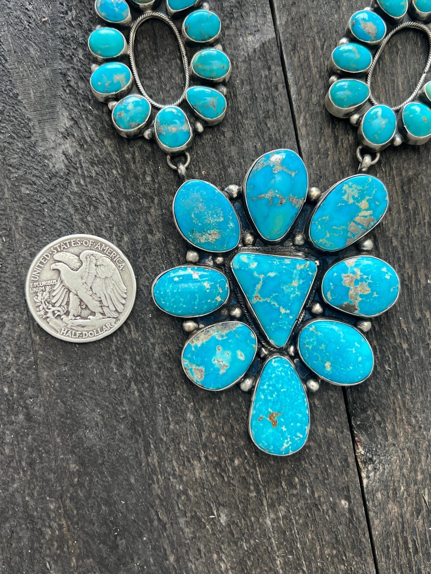 Navajo Sterling Silver and Whitewater Campitos Turquoise Cluster Necklace and Earring Set by Sheila Becenti