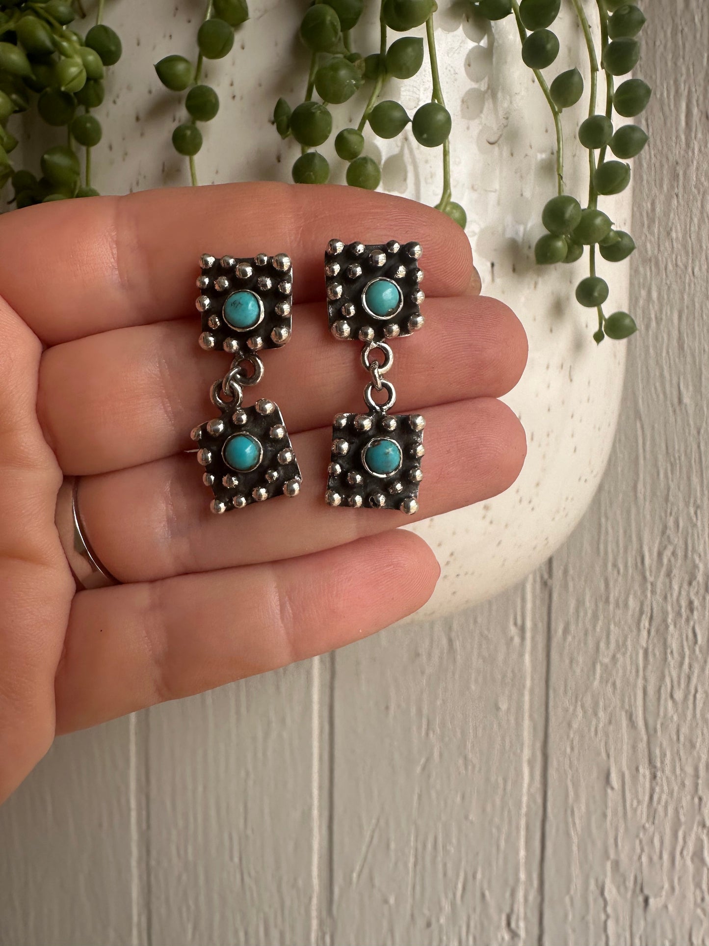 Handmade Turquoise & Sterling Silver Ball Post Dangle Earrings