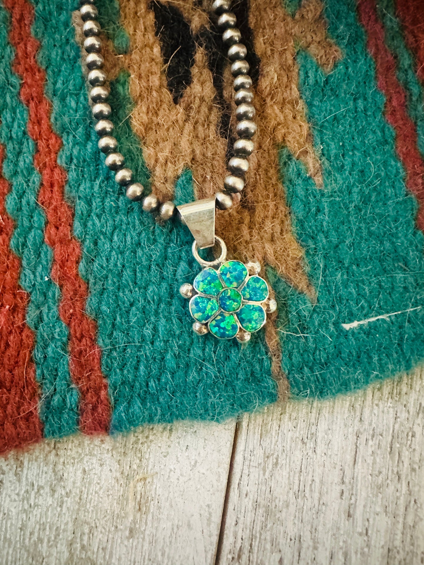 Zuni Blue Opal & Sterling Silver Inlay Flower Pendant