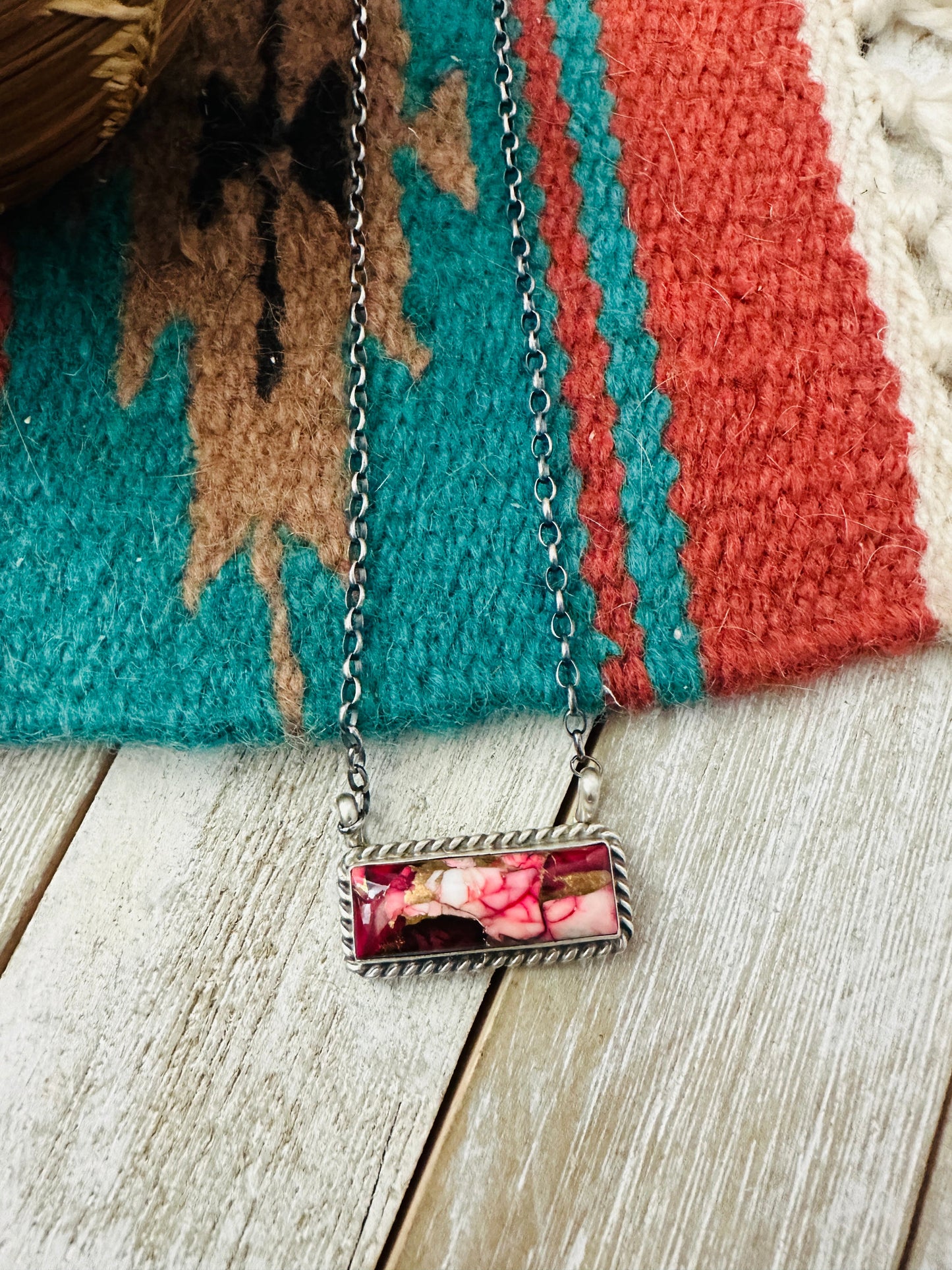 Navajo Rose Dahlia & Sterling Silver Bar Necklace