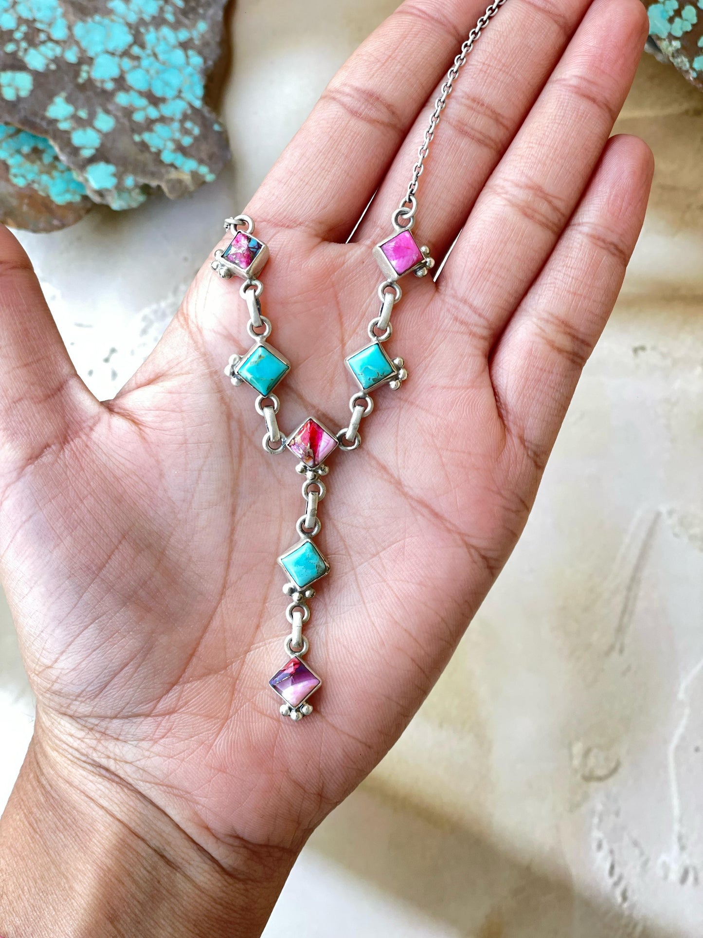 Handmade Sterling Silver, Turquoise & Pink Dream Mojave Drop Necklace