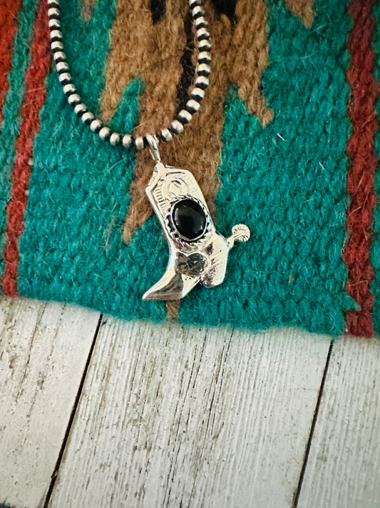 Navajo Sterling Silver & Black Onyx Cowboy Boot Pendant