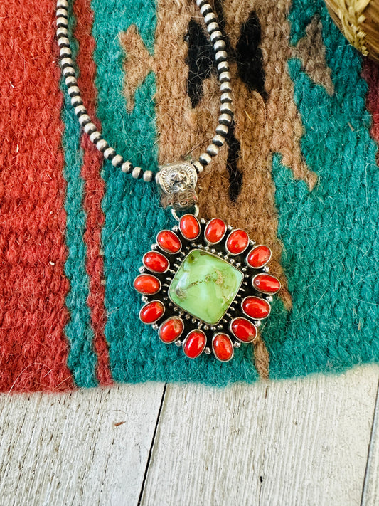** Christmas Collection ** Handmade Sterling Silver, Coral & Turquoise Cluster Pendant Signed Nizhoni