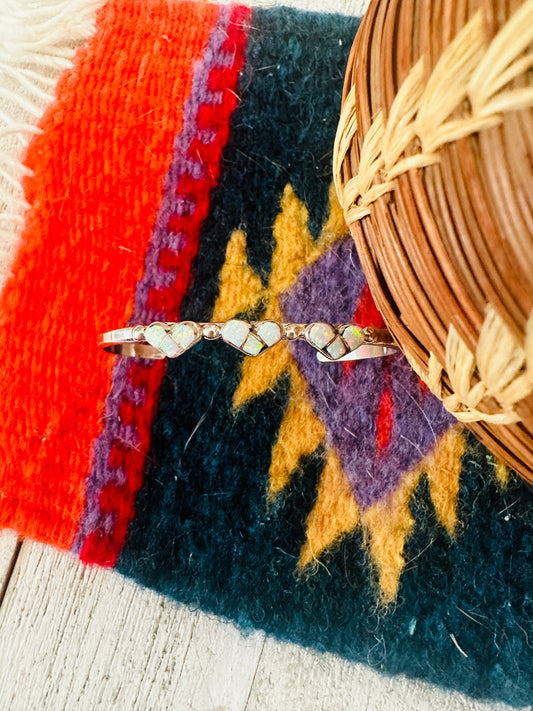 Zuni Sterling Silver & White Opal Heart Baby Cuff Bracelet