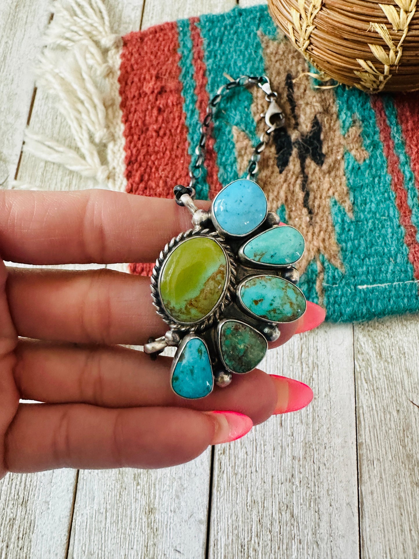 Navajo Sterling Silver & Turquoise Cluster Necklace by Elouise Kee