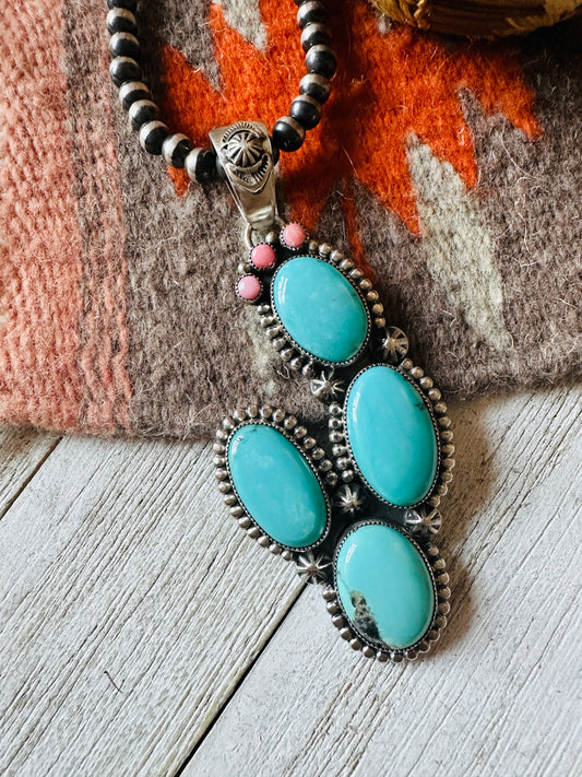 Navajo Turquoise, Queen Pink Conch and Sterling Silver Cactus Pendant