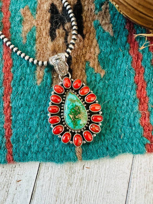 ** Christmas Collection ** Handmade Sterling Silver, Coral & Turquoise Cluster Pendant Signed Nizhoni