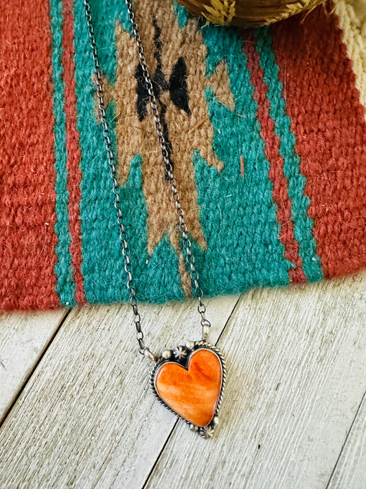 Navajo Sterling Silver & Orange Spiny Heart Necklace