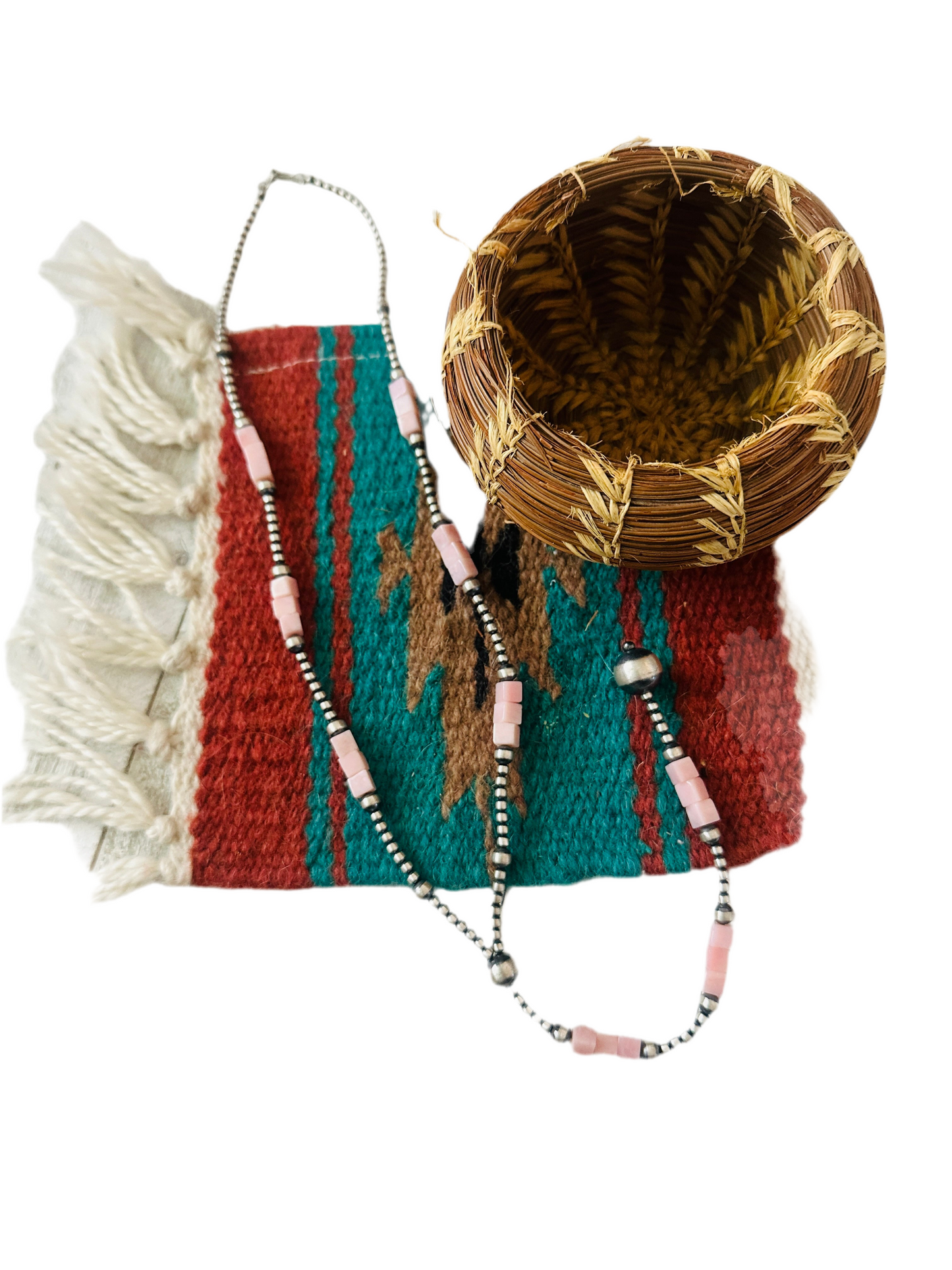 Navajo Queen Pink Conch & Sterling Silver Beaded Lariat Necklace
