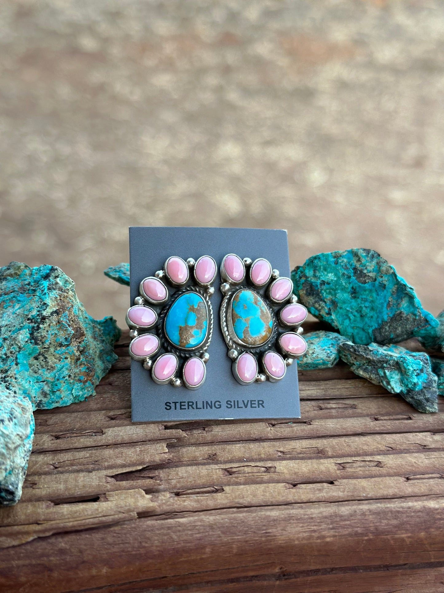 Navajo Queen Pink Conch & Turquoise Sterling Silver Cluster Stud Earrings