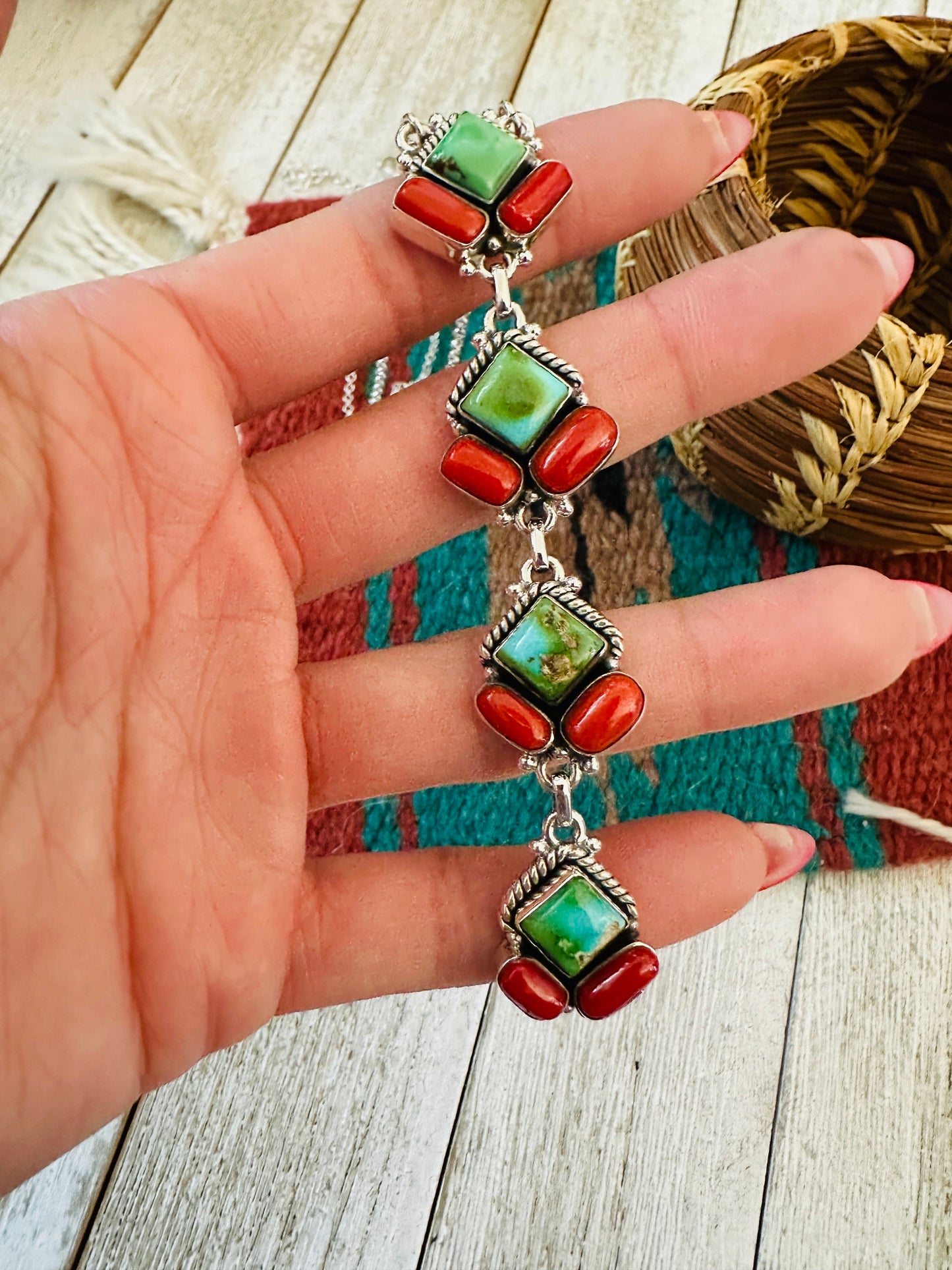 ** Christmas Collection ** Handmade Sterling Silver, Turquoise & Coral Necklace Signed Nizhoni