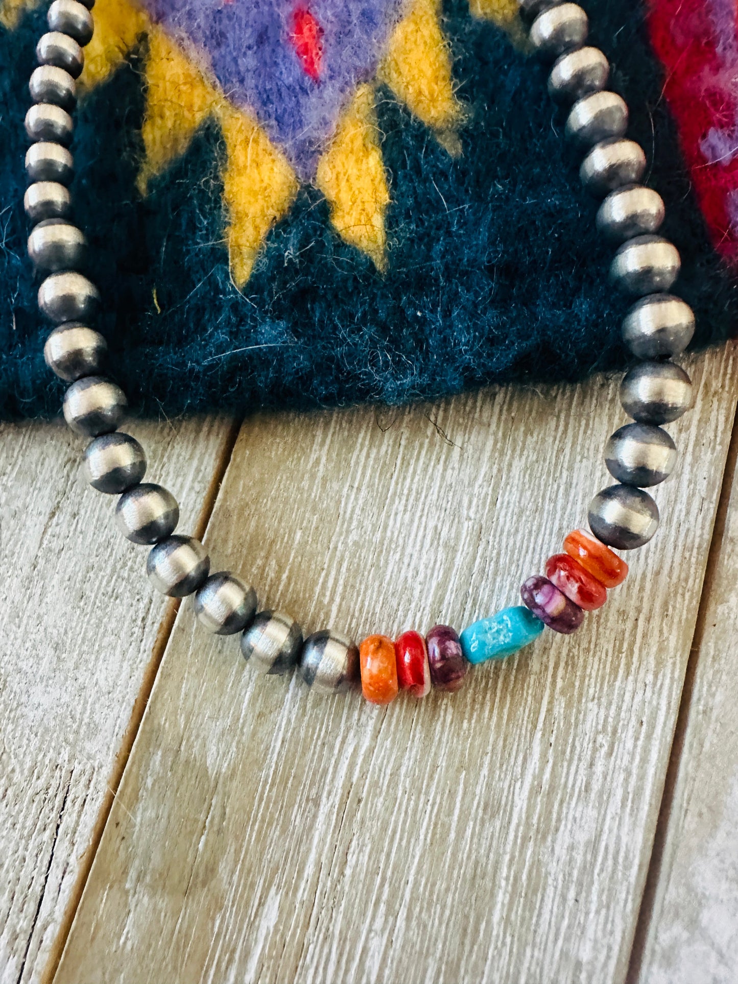Navajo Sterling Silver, Spiny & Turquoise Beaded 14” Necklace