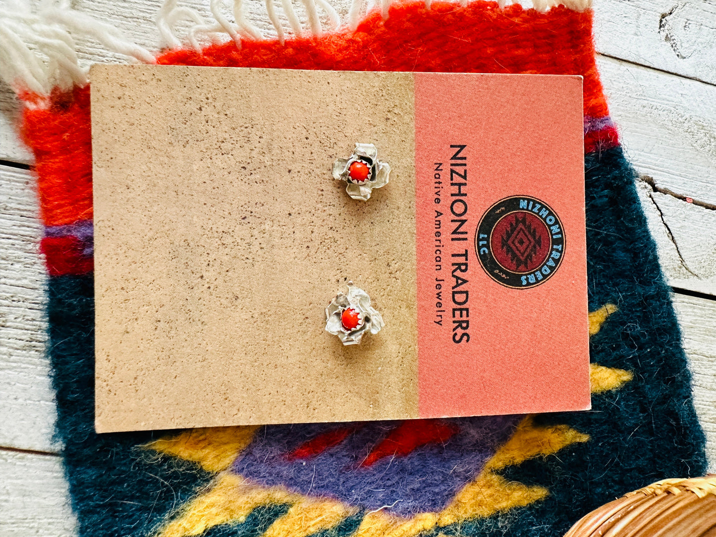 Navajo Coral and Sterling Silver Flower Stud Earrings