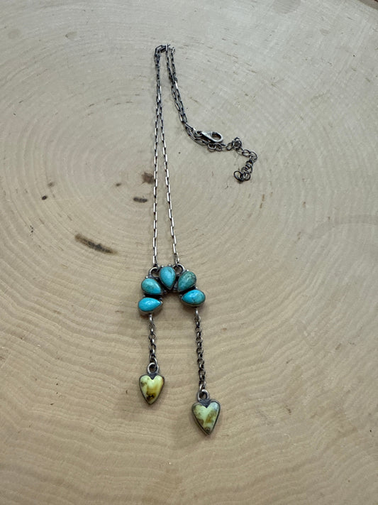 Beautiful Handmade Sterling Silver Kingman Turquoise & Palomino Turquoise Naja Heart Necklace
