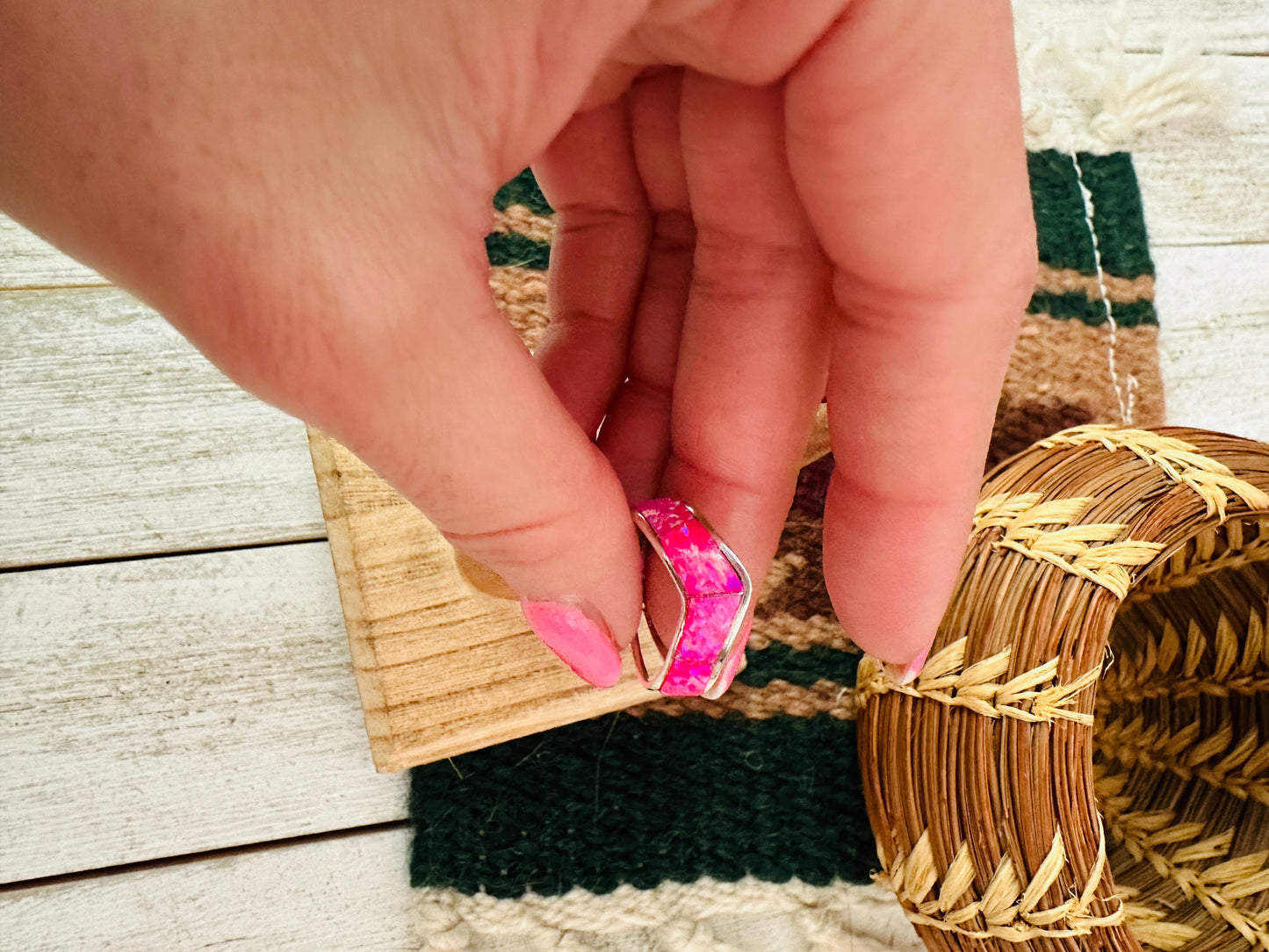 Navajo Sterling Silver & Pink Opal Inlay Band Ring