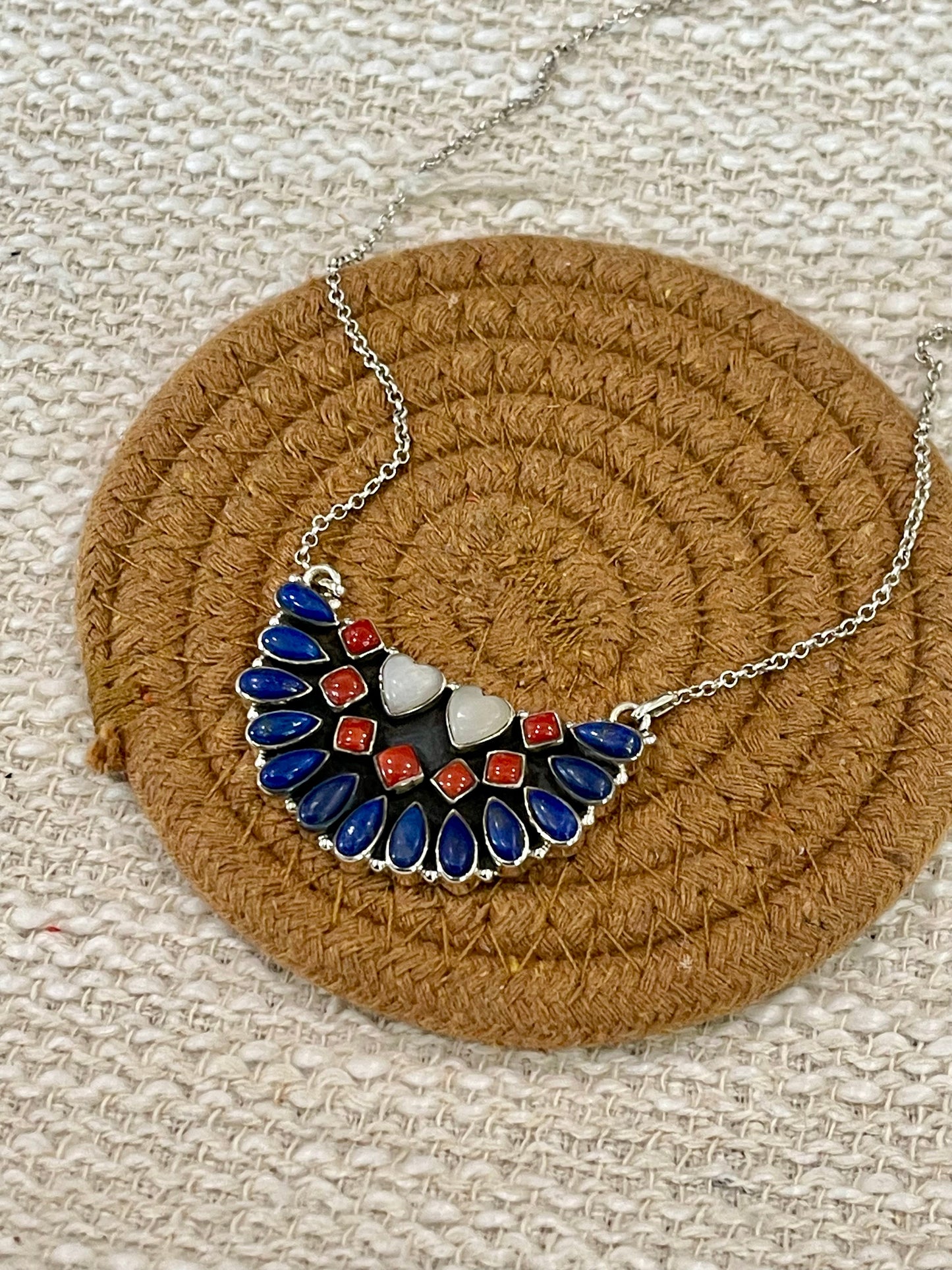 ** 4TH OF JULY ** Handmade Sterling Silver Synthetic Opal, Lapis & Coral Necklace with Signed Nizhoni