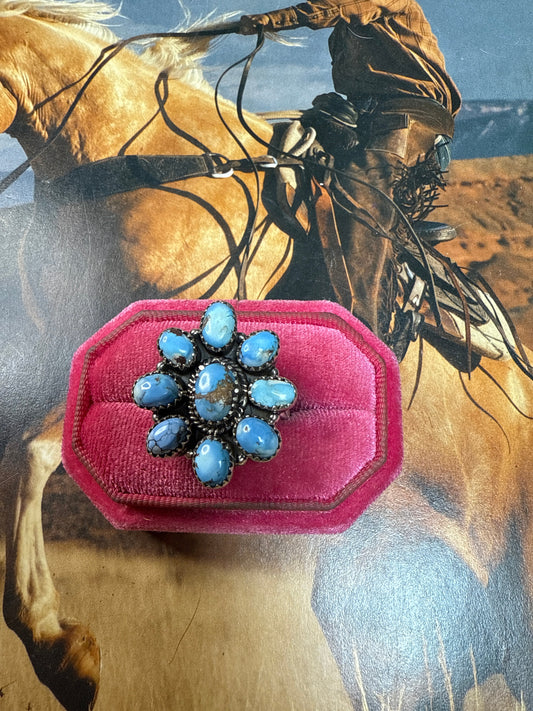 Handmade Golden Hills Turquoise & Sterling Adjustable Cluster Ring